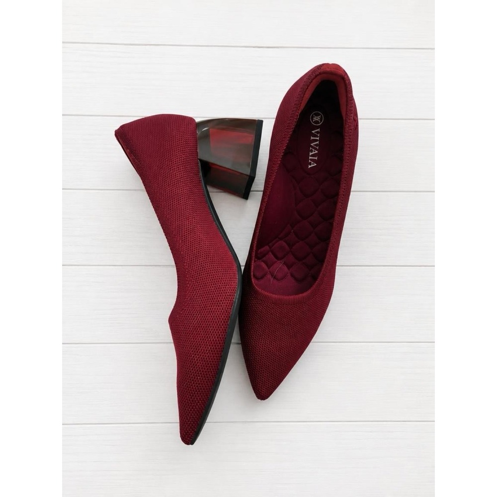 Vivaia Burgundy Pointed Toe Knit Block Heel Pumps Translucent Heel Womens